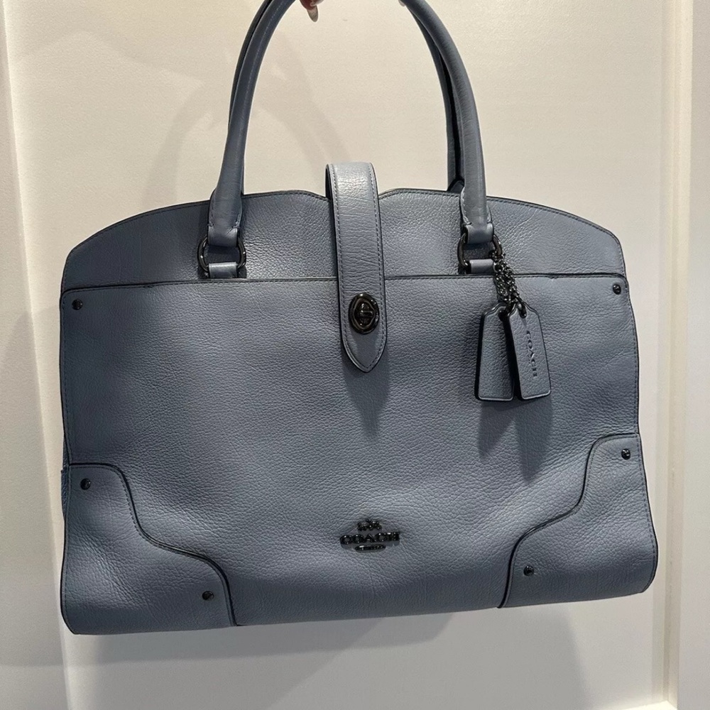 Authentic Coach Mercer Cornflower Blue Leather Satchel with Turnlock Closure
